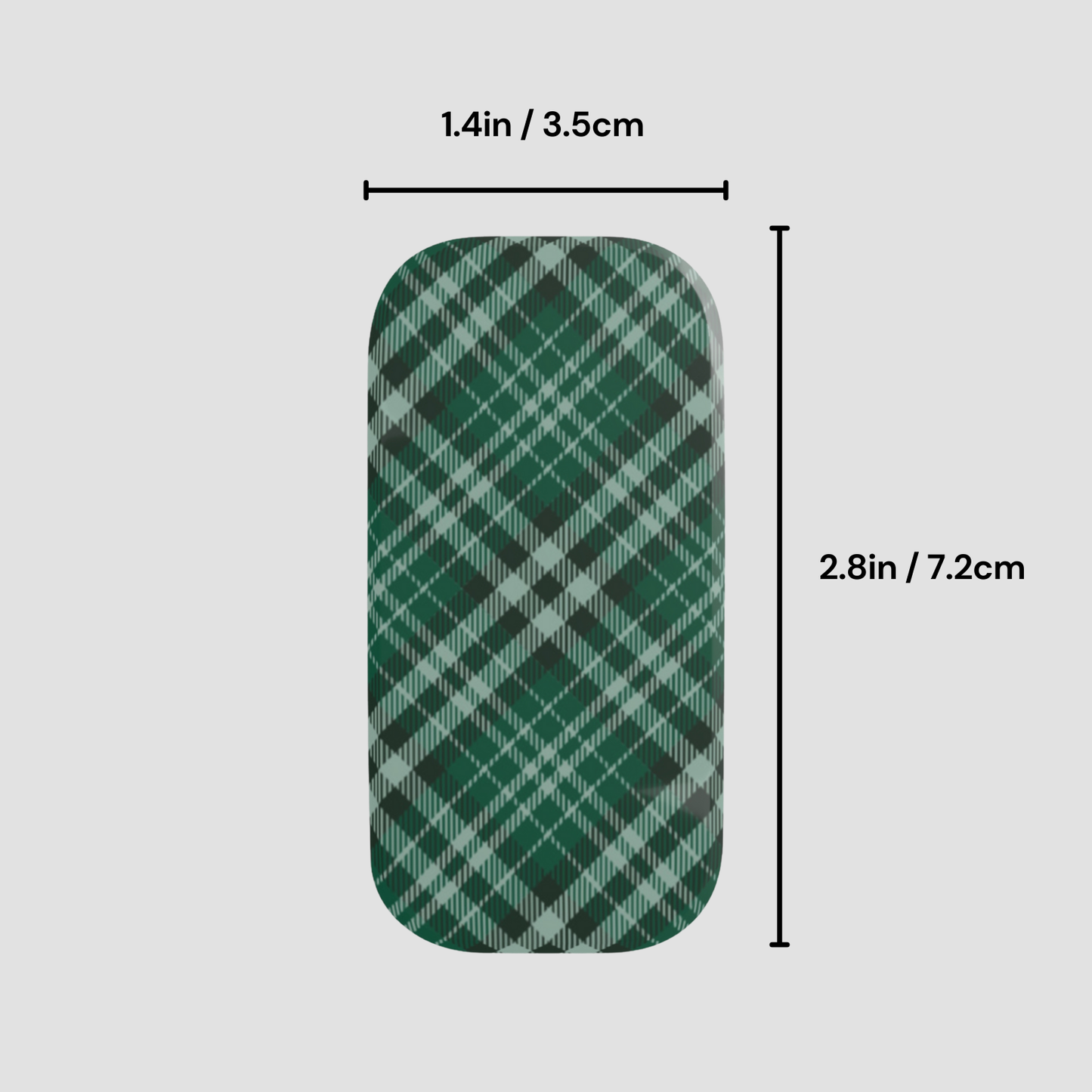 Green plaid fabric swatch with measurements on a gray background | Casenari