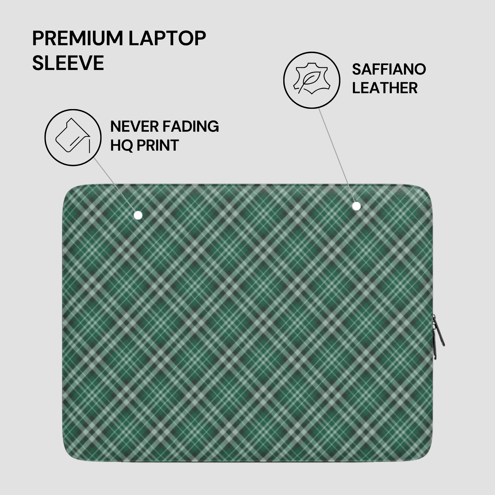 Green plaid laptop sleeve with text highlighting features on a gray background | Casenari
