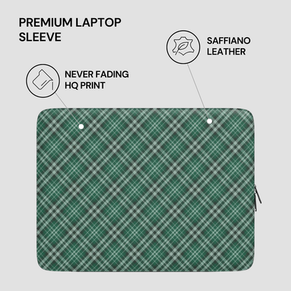 Green plaid laptop sleeve with text highlighting features on a gray background | Casenari