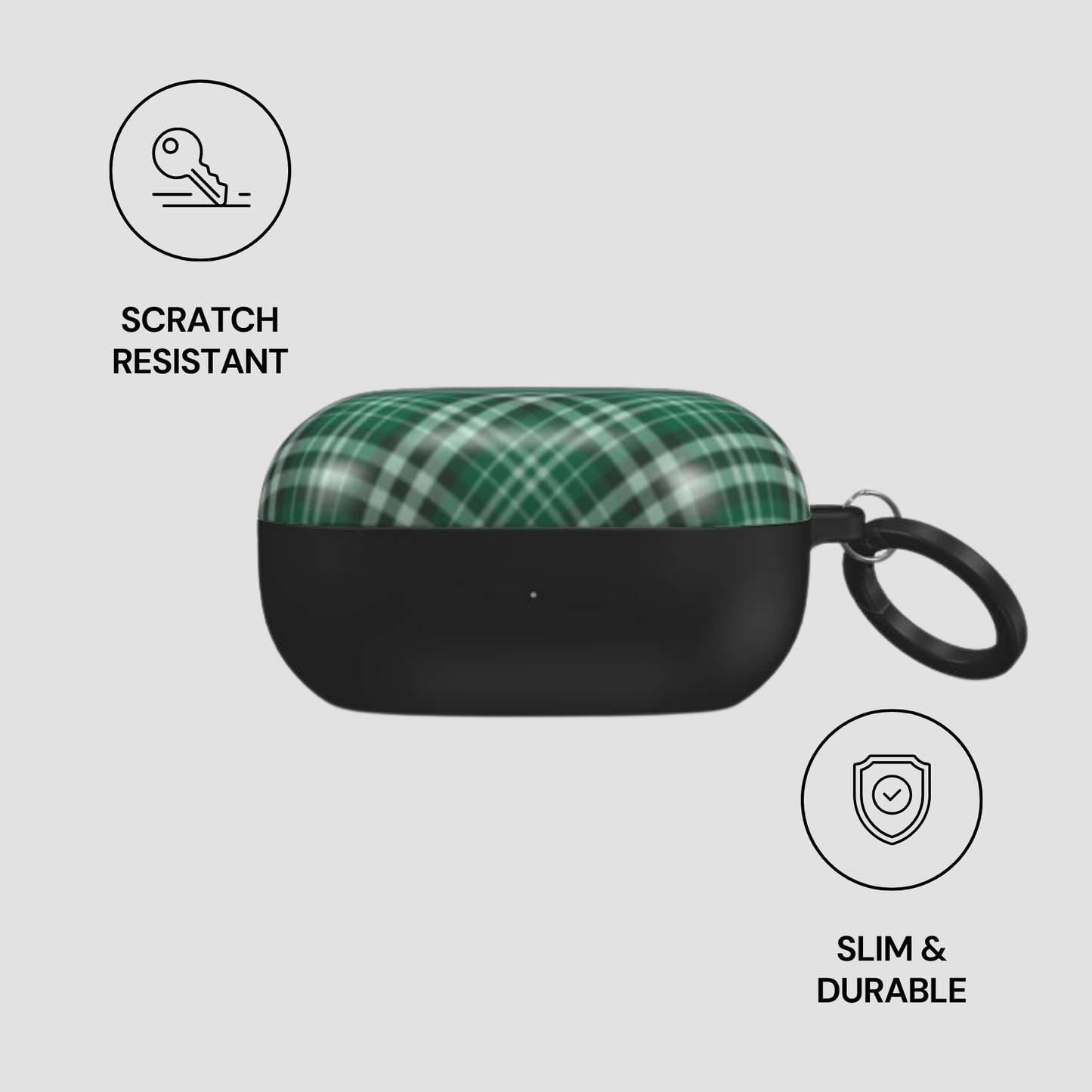 Green plaid case with black bottom section on a light gray background, featuring 'Scratch Resistant' and 'Slim & Durable' icons. | Casenari