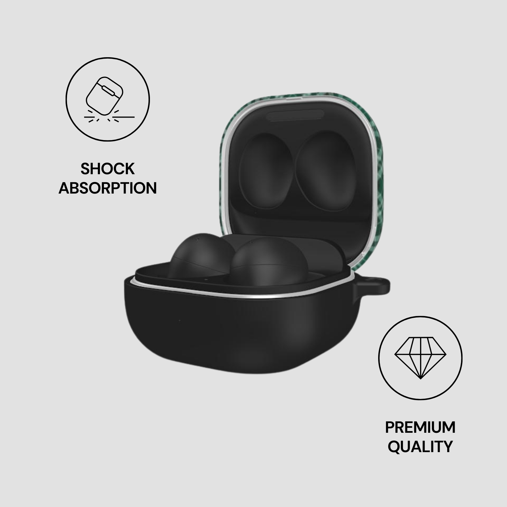 Black earbud case with open lid on a light gray background, featuring icons for shock absorption and premium quality. | Casenari