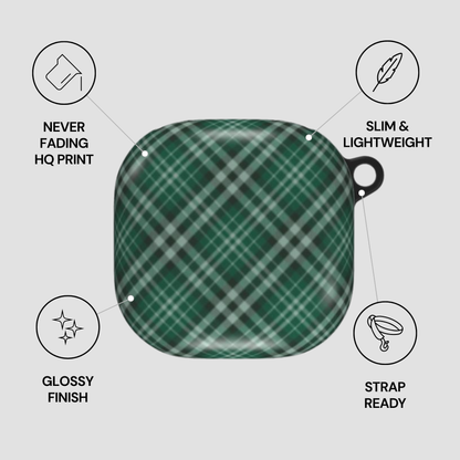 Green plaid patterned case with features listed on a gray background | Casenari