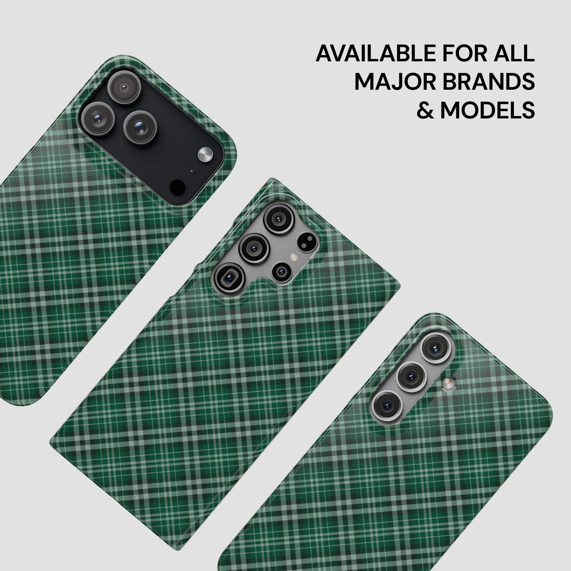 Green plaid phone case on a white background with text 'Available for all major brands & models'. | Casenari