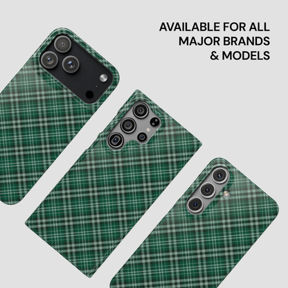 Green plaid phone case on a white background with text 'Available for all major brands & models'. | Casenari