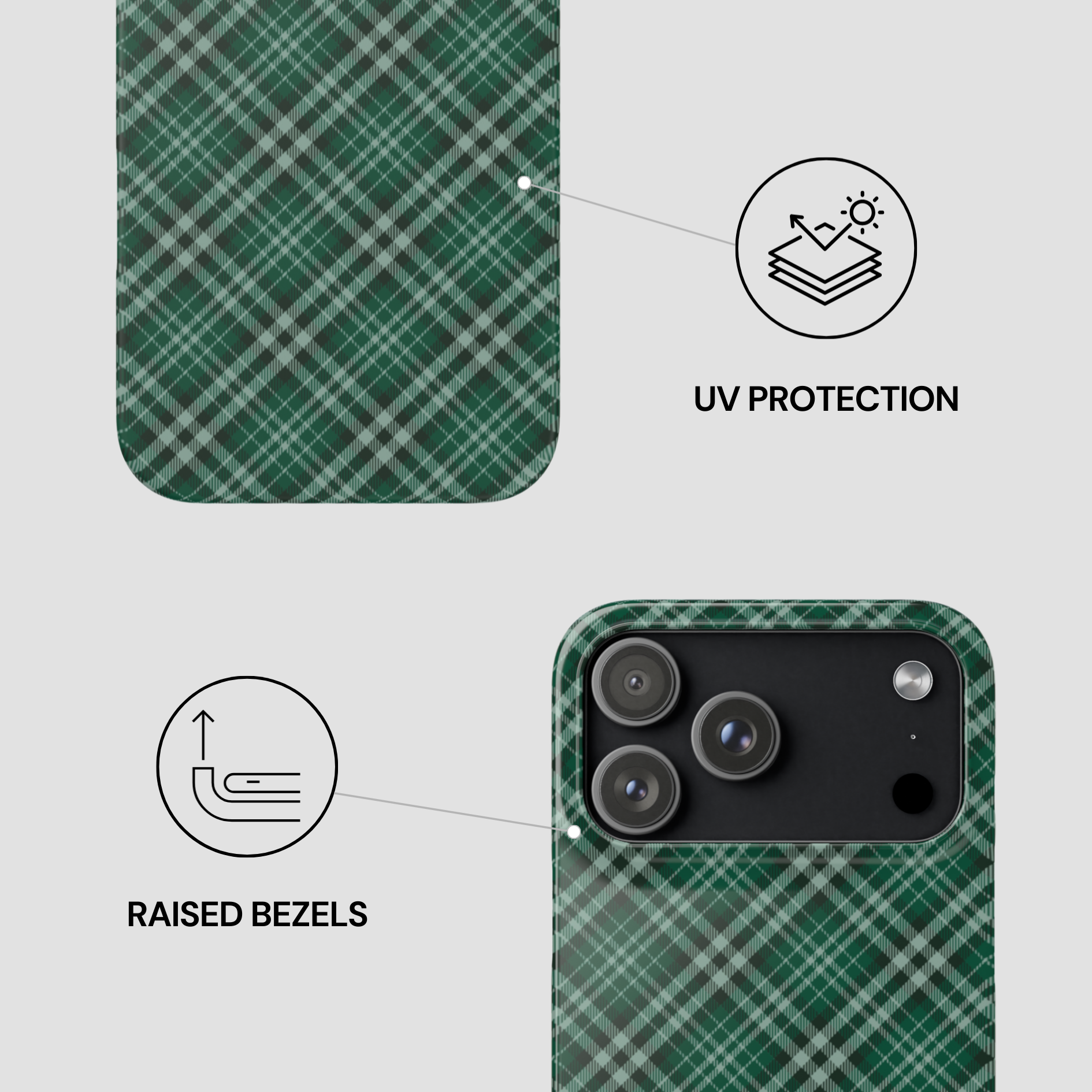 Green plaid phone case with UV protection and raised bezels features on a white background | Casenari