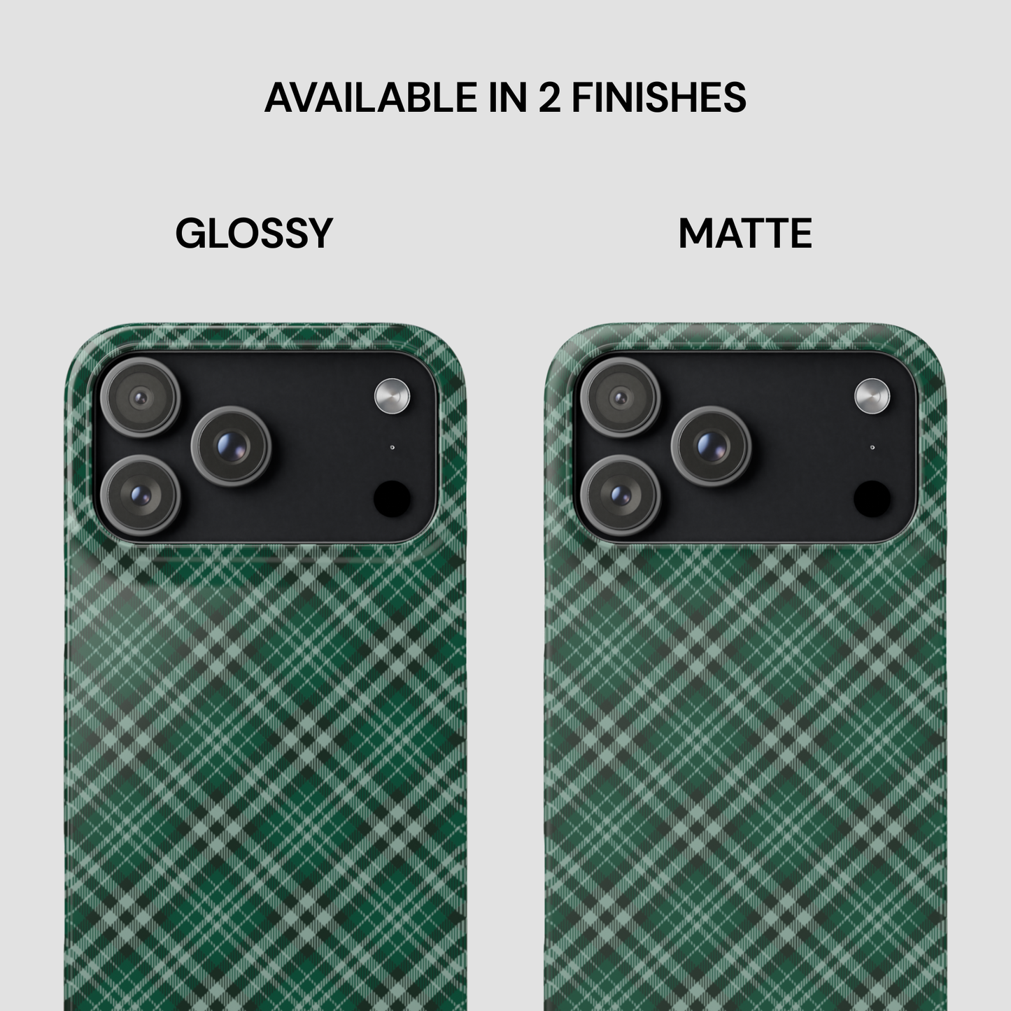 Two green plaid phone cases, one glossy and one matte, on a white background. | Casenari