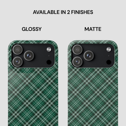 Two green plaid phone cases, one glossy and one matte, on a white background. | Casenari