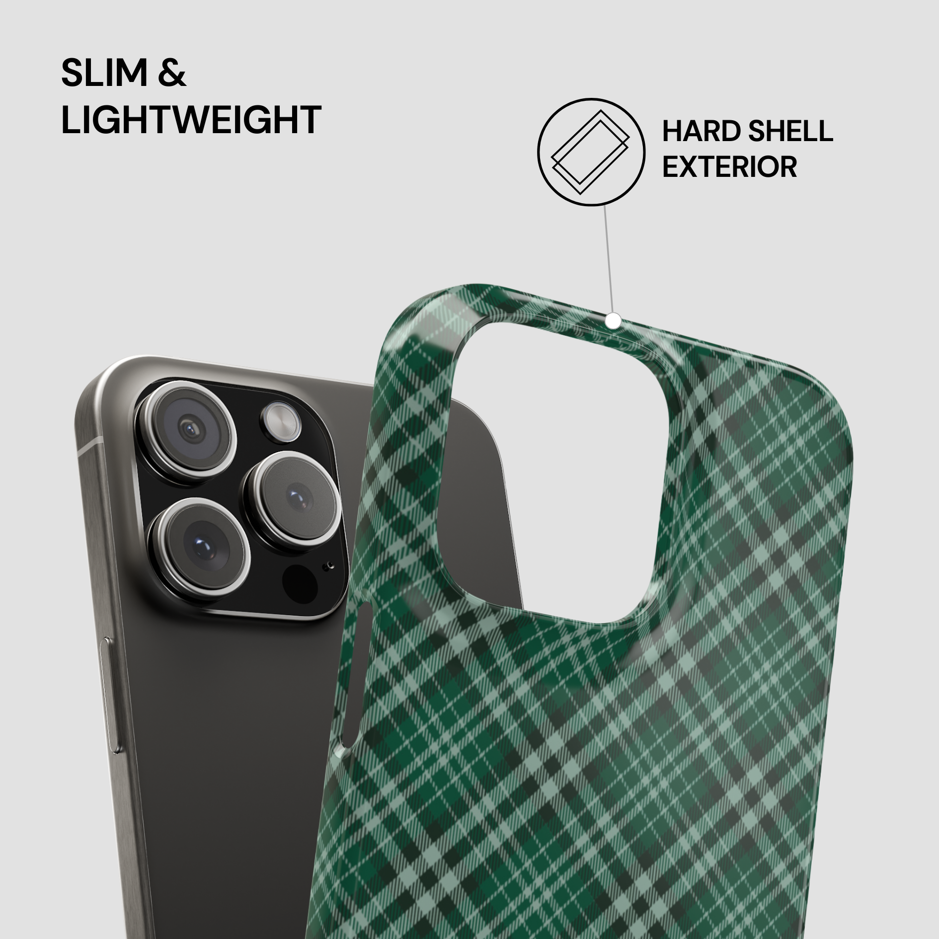 Green plaid phone case with text 'Slim & Lightweight' and 'Hard Shell Exterior' on a gray background | Casenari