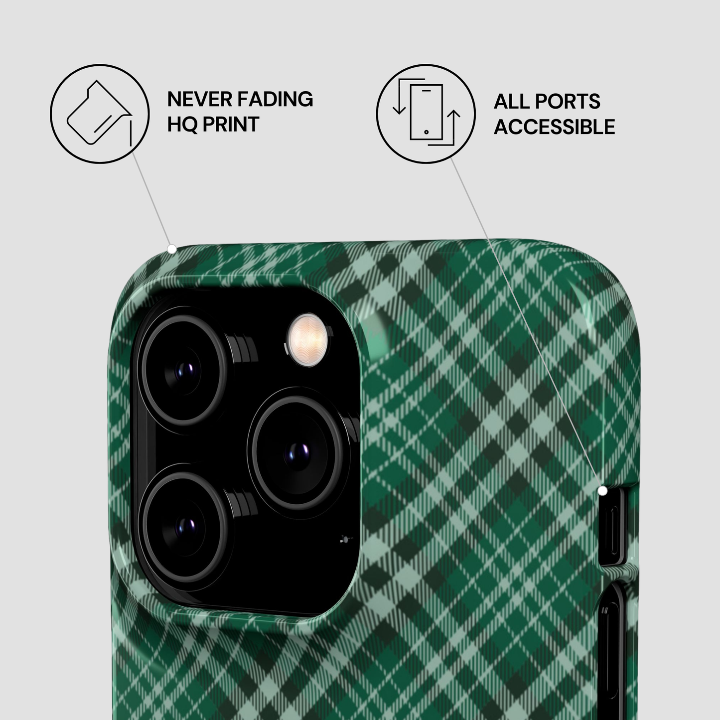 Green plaid phone case with features highlighted on a light gray background | Casenari