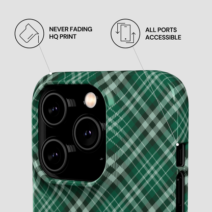 Green plaid phone case with features highlighted on a light gray background | Casenari