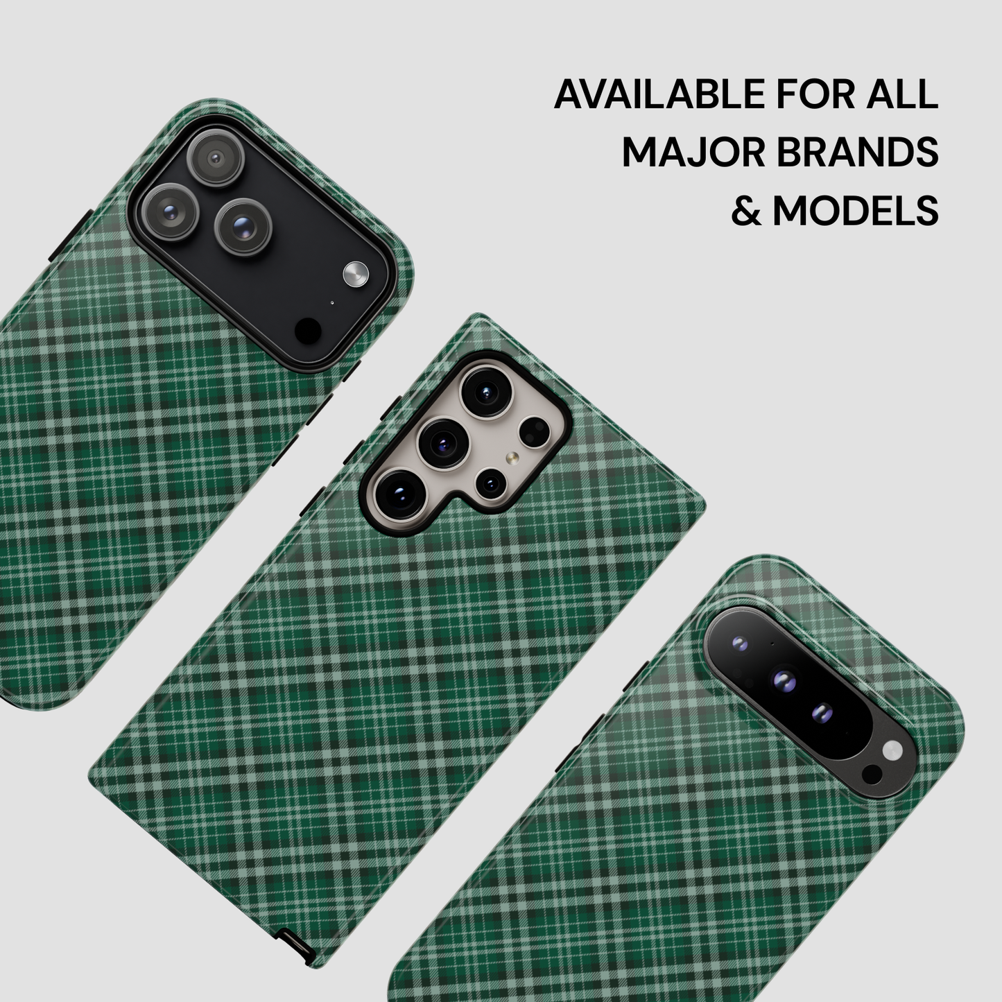 Green plaid phone case on a white background with text 'Available for all major brands & models'. | Casenari