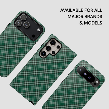 Green plaid phone case on a white background with text 'Available for all major brands & models'. | Casenari