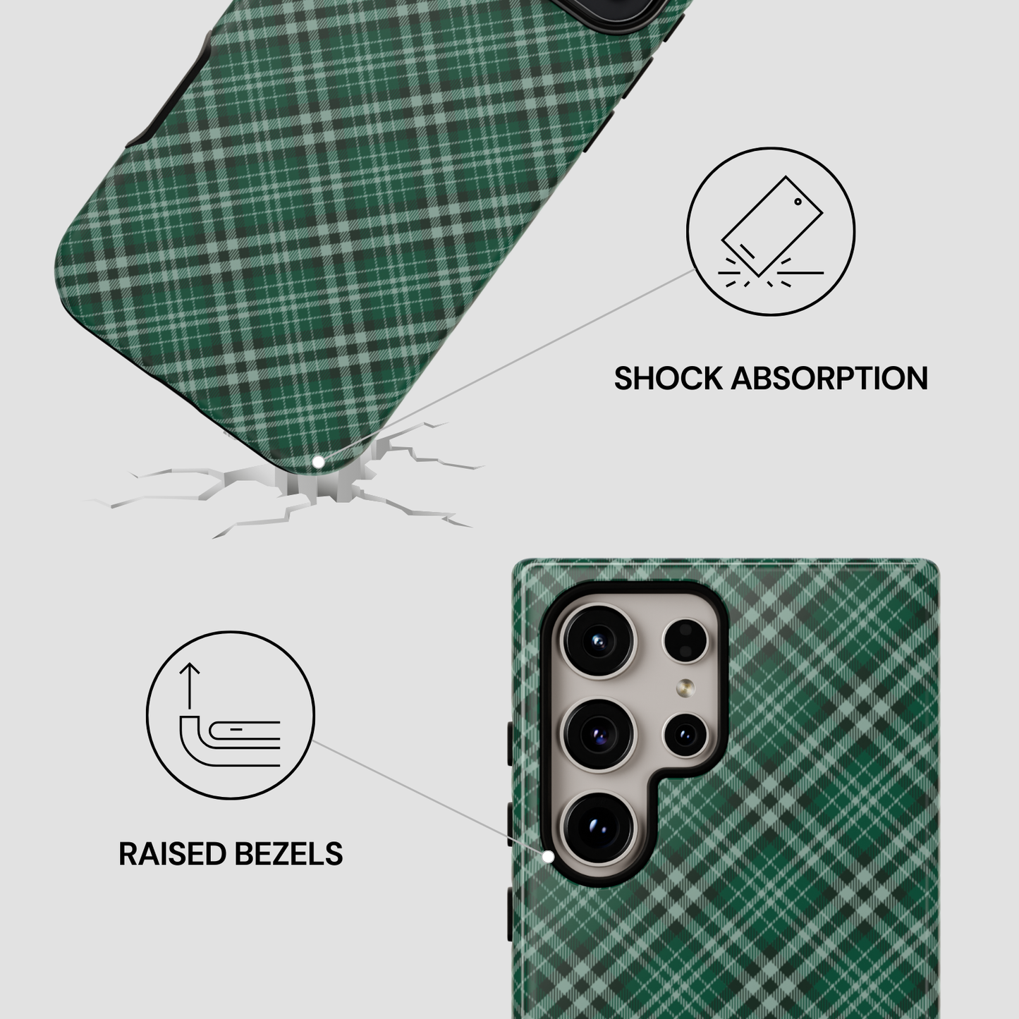 Green plaid phone case with shock absorption and raised bezels features on a white background | Casenari