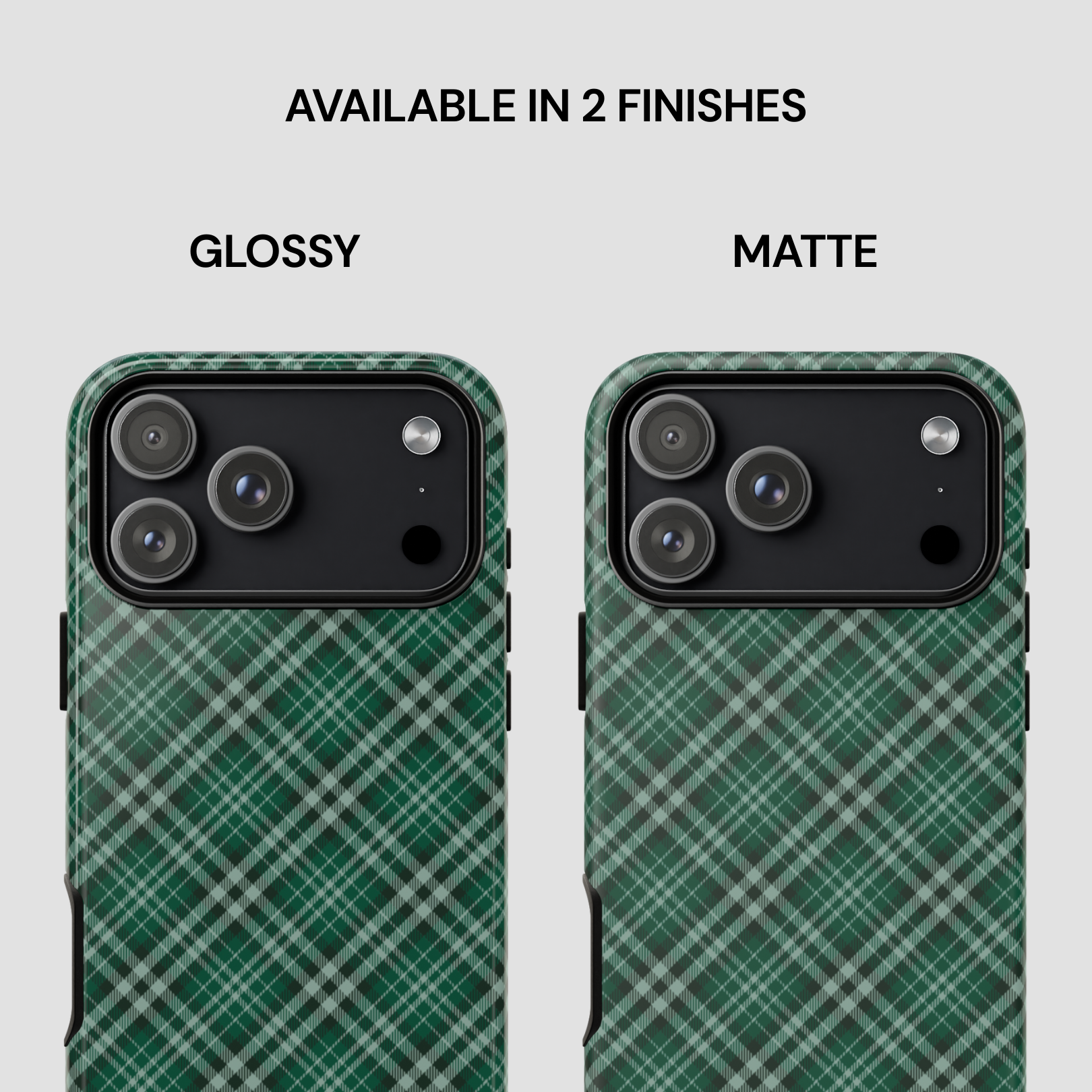 Two green plaid phone cases, one glossy and one matte, on a light gray background. | Casenari