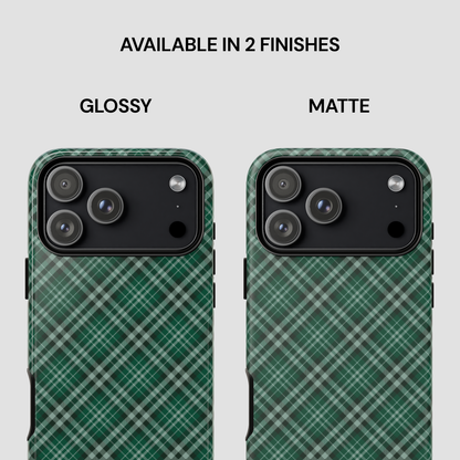 Two green plaid phone cases, one glossy and one matte, on a light gray background. | Casenari