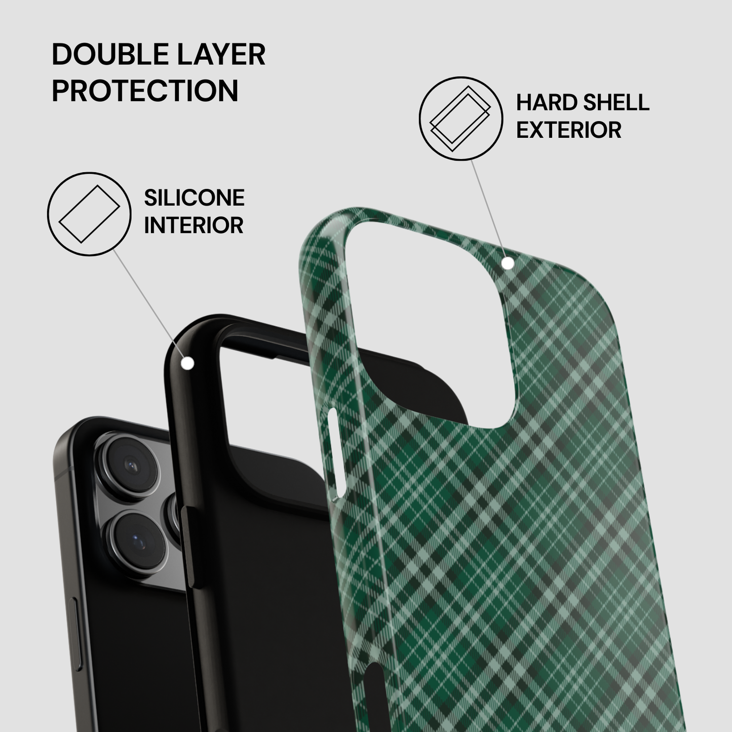 Green plaid phone case with text indicating double layer protection on a gray background | Casenari
