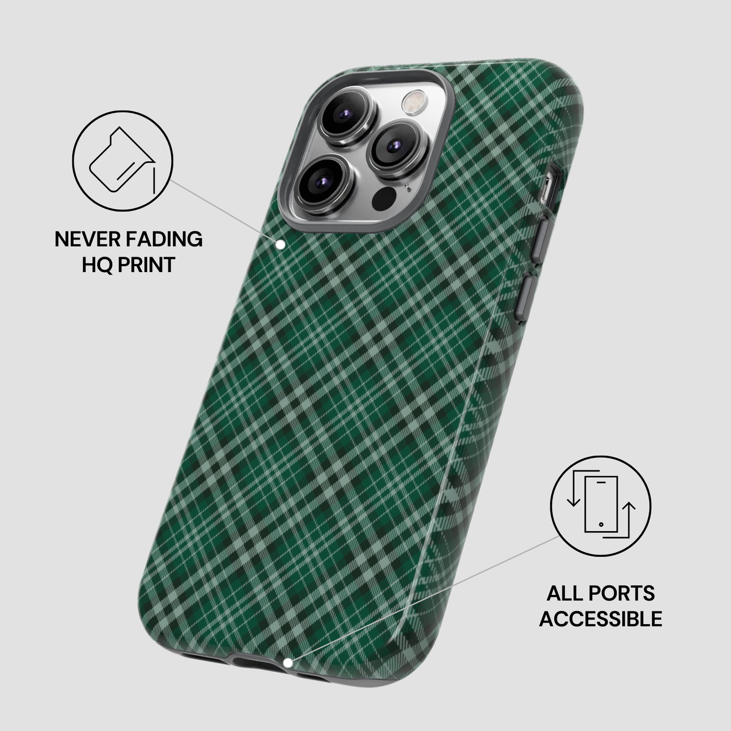 Green plaid phone case with text indicating 'Never Fading HQ Print' and 'All Ports Accessible' on a light gray background. | Casenari