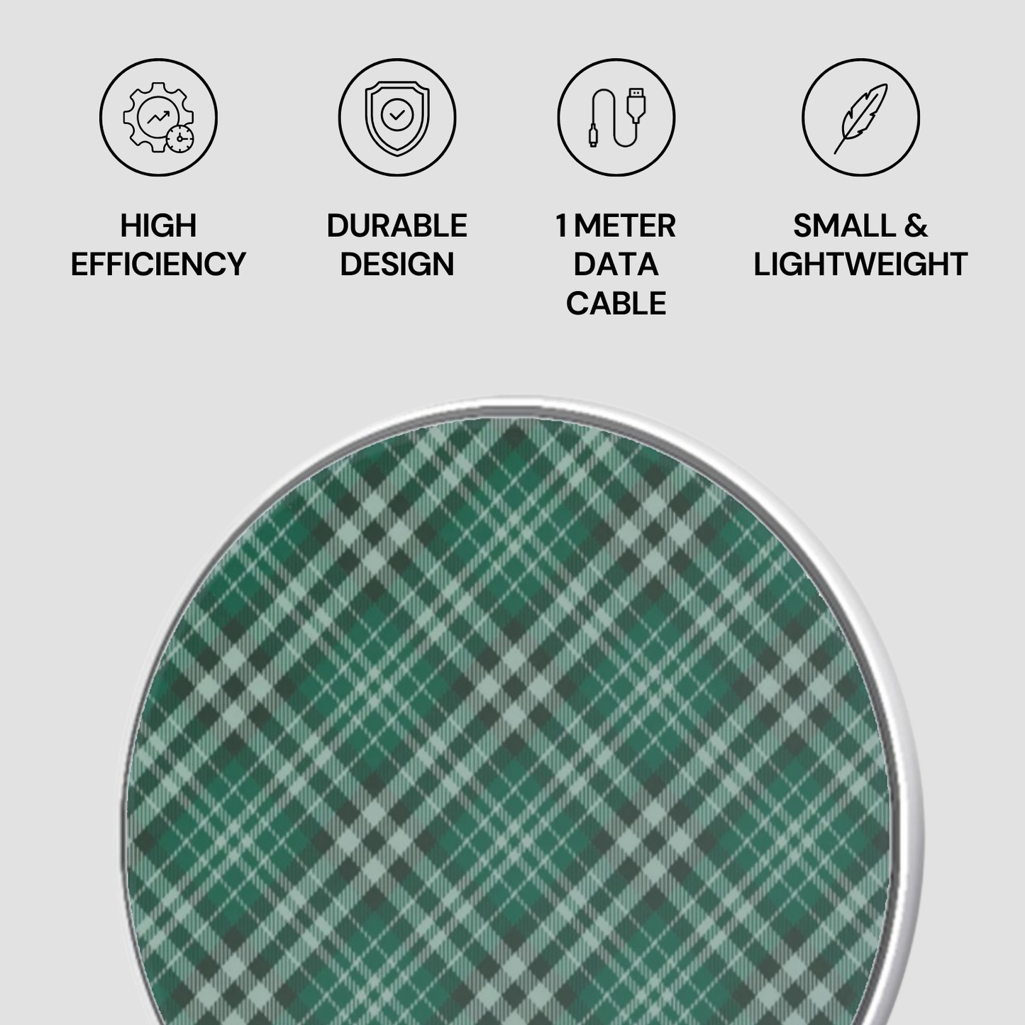 Green and white checkered product with icons and text on a gray background | Casenari