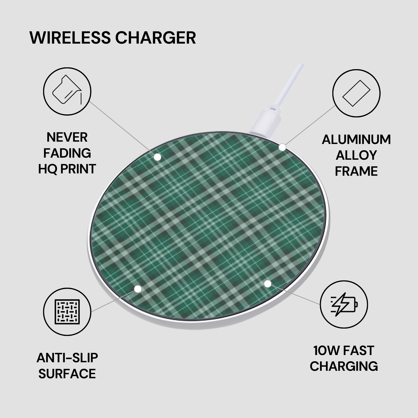 Green plaid wireless charger with features listed on a white background