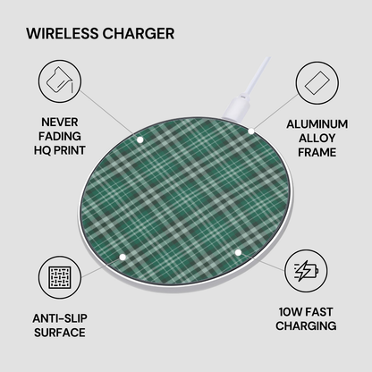 Green plaid wireless charger with features listed on a white background