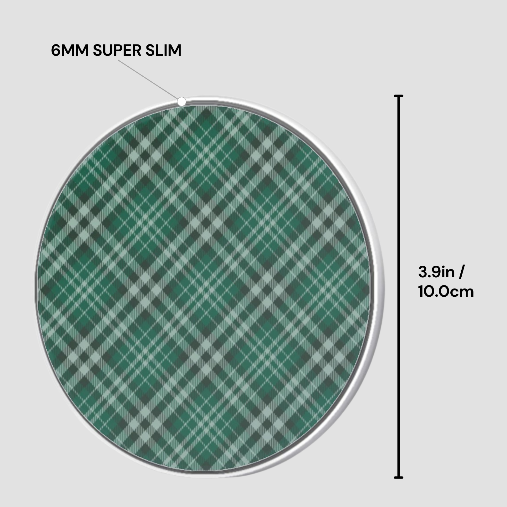 Green plaid circular object with dimensions labeled on a gray background | Casenari