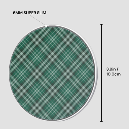 Green plaid circular object with dimensions labeled on a gray background | Casenari