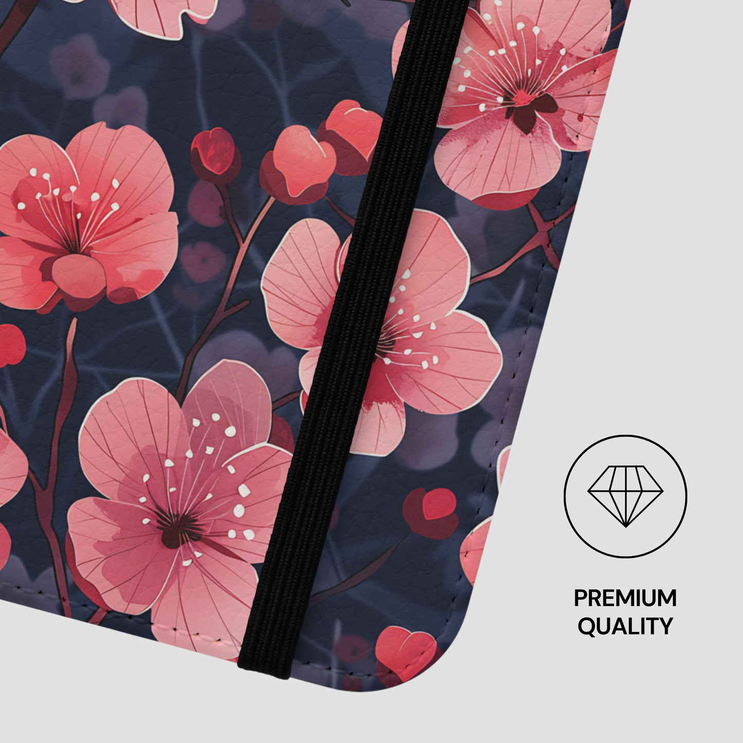 Floral-patterned product with a black strap and 'Premium Quality' label.