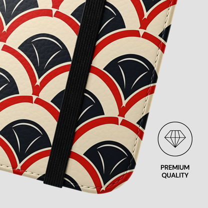 Patterned product with black strap and 'Premium Quality' label on a light gray background