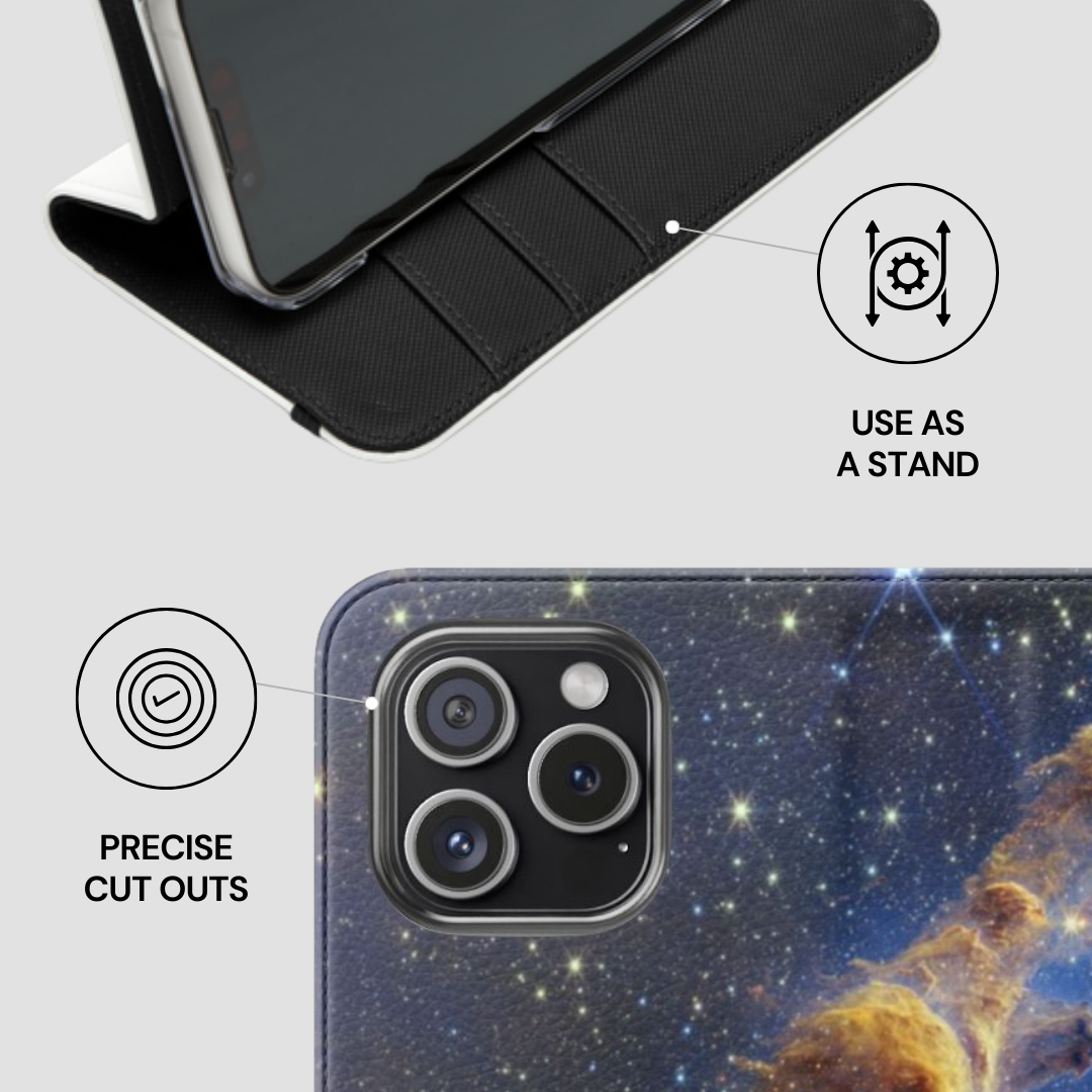 Phone case with stand feature and detailed design on a white background