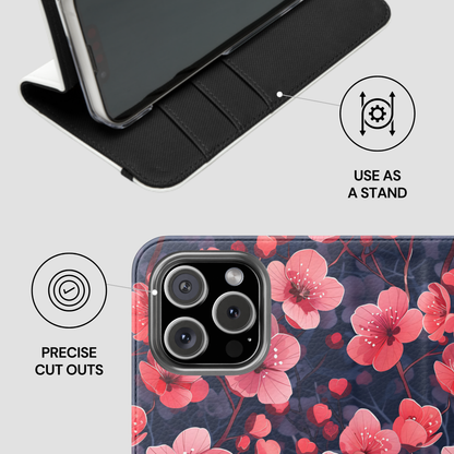 Phone case with floral design and stand feature on a white background