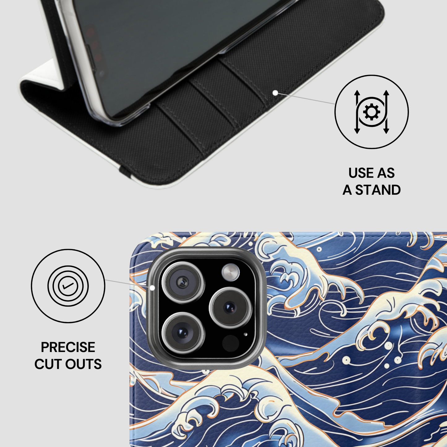 Phone case with wave design and stand feature on a light gray background | Casenari