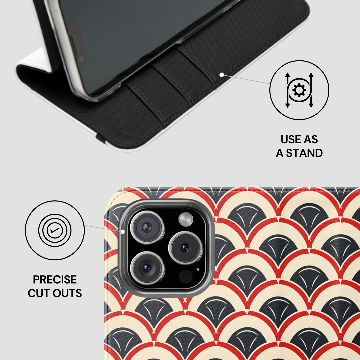 Phone case with geometric pattern and features highlighted on a light gray background