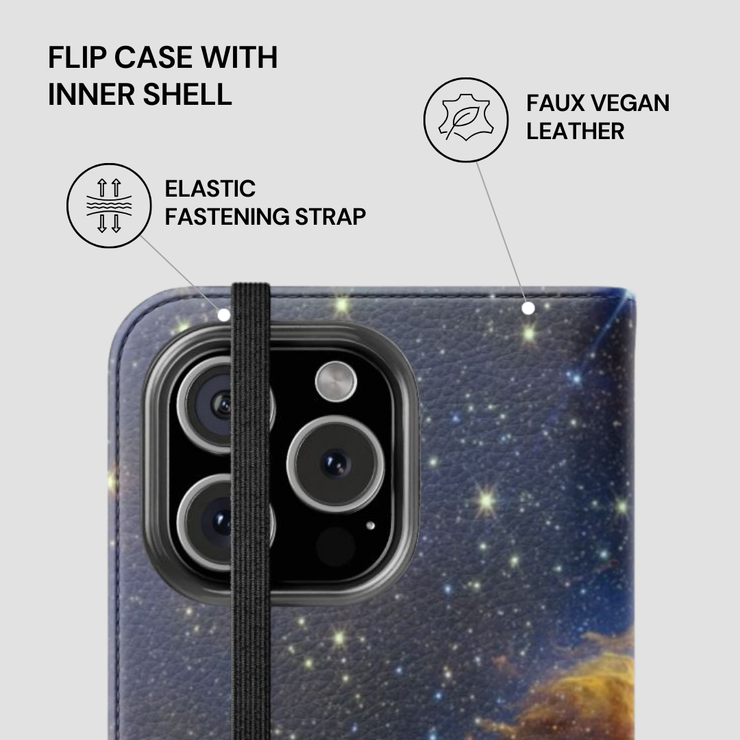Phone case with starry night design and text highlighting features on a light gray background