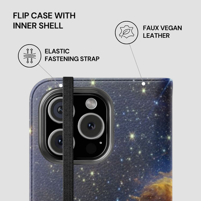 Phone case with starry night design and text highlighting features on a light gray background