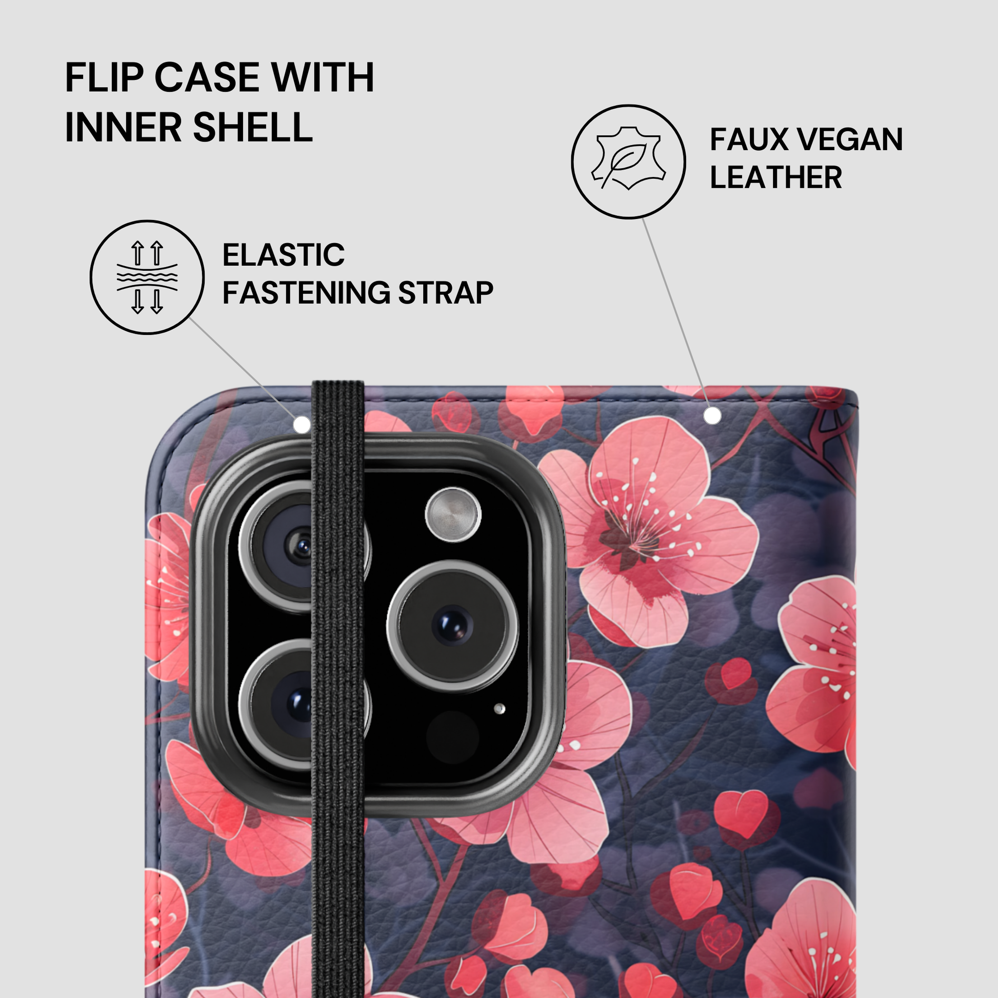Floral phone case with features highlighted on a gray background