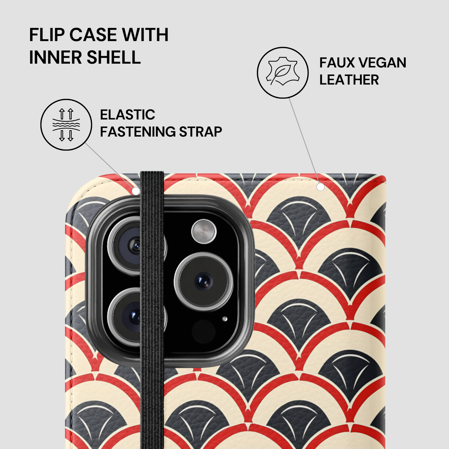 Phone case with geometric pattern and elastic fastening strap on a light gray background