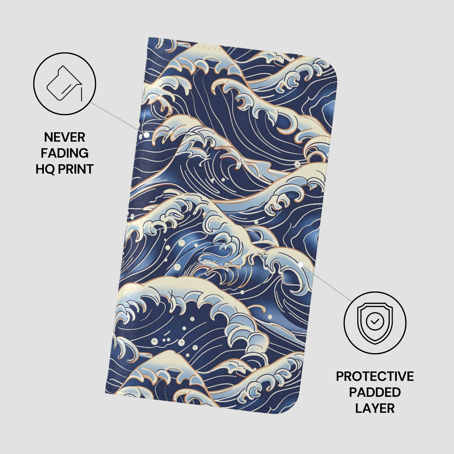 Phone case with wave design and text about durability on a white background | Casenari