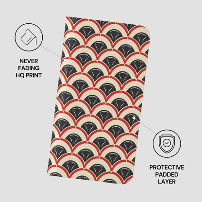 Patterned product with protective padding features on a light gray background