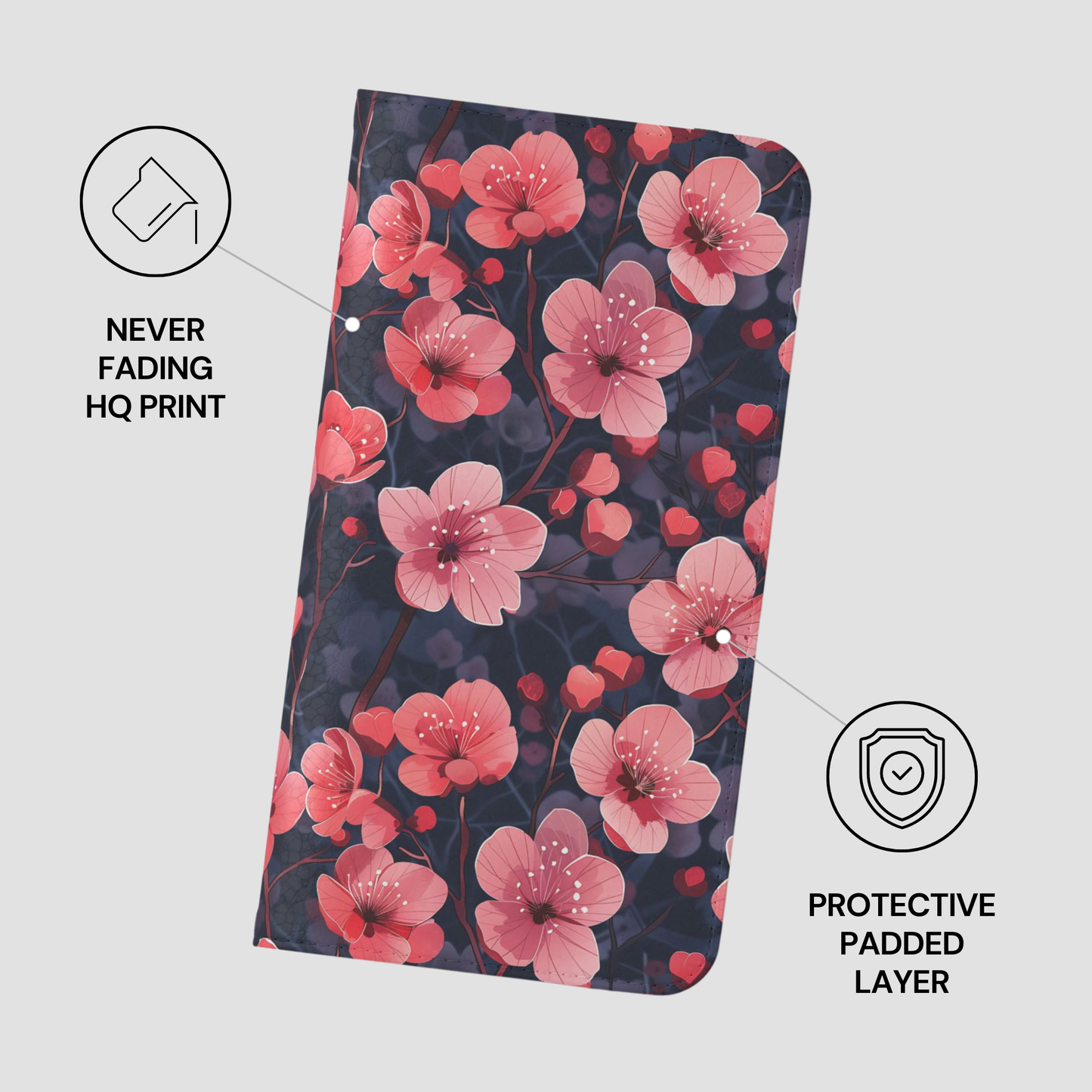 Floral patterned product with protective padding on a light gray background