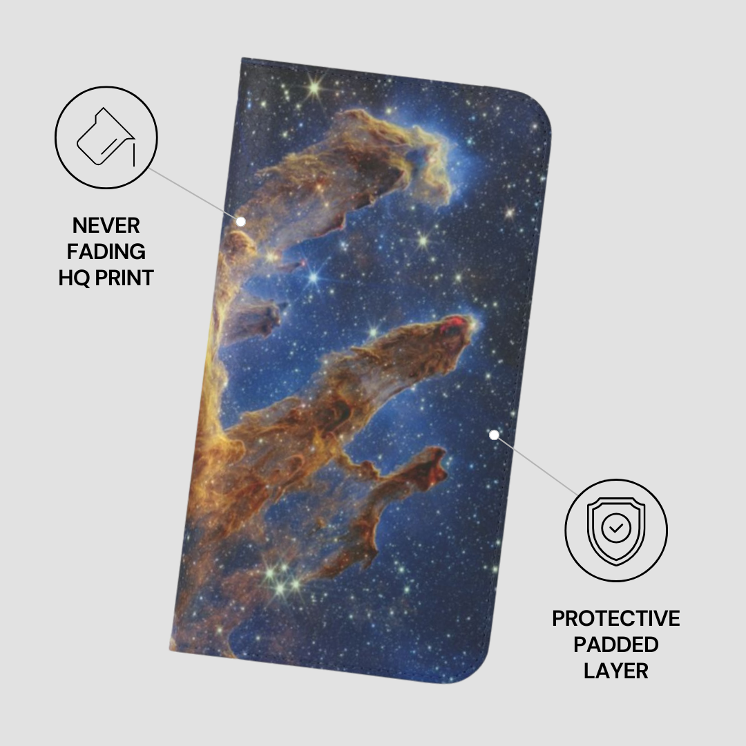 Phone case with space-themed design on a light gray background