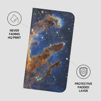 Phone case with space-themed design on a light gray background