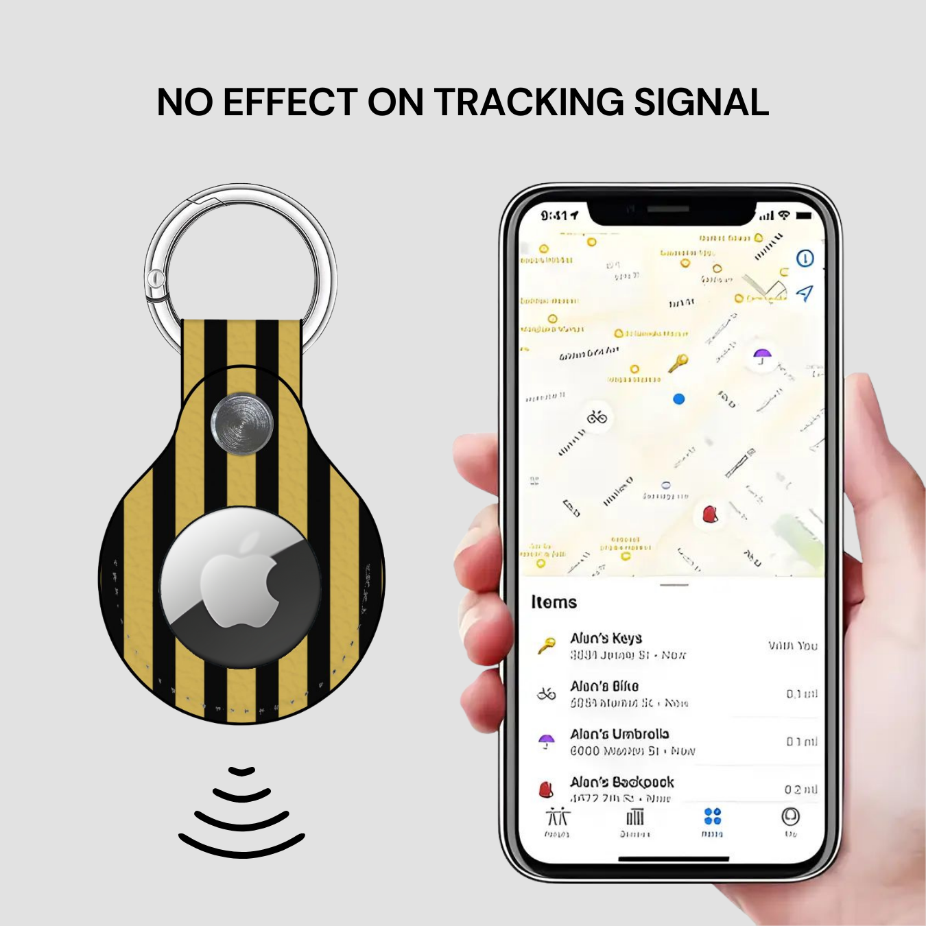 Smart keychain with Apple logo and phone displaying location app on gray background