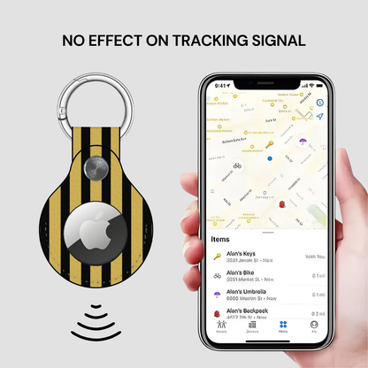 Smart keychain with Apple logo and phone displaying location app on gray background