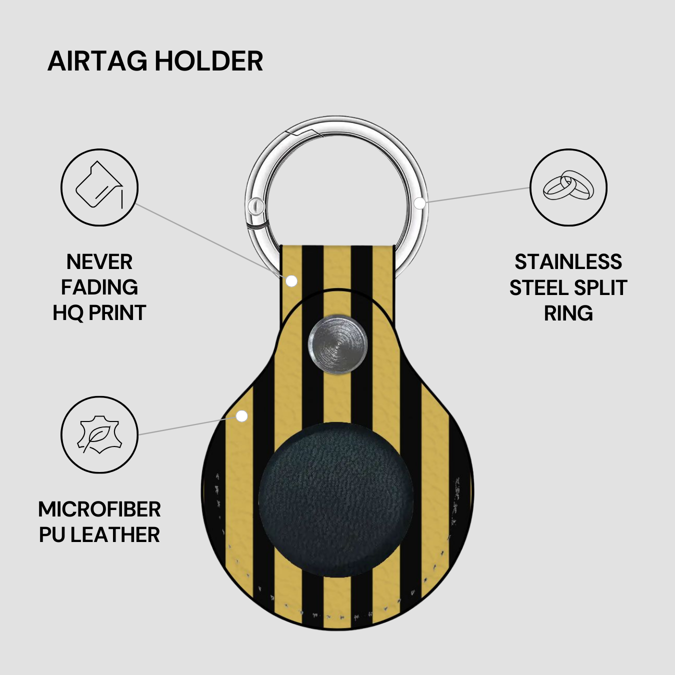 Airtag holder with black and yellow striped design on a gray background