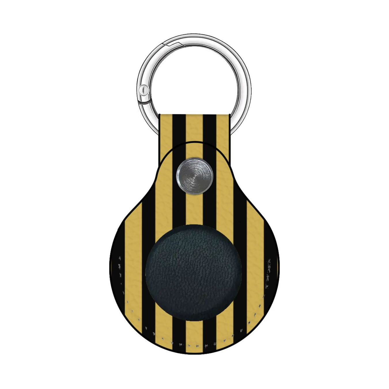 Keychain with black and yellow striped design on a white background