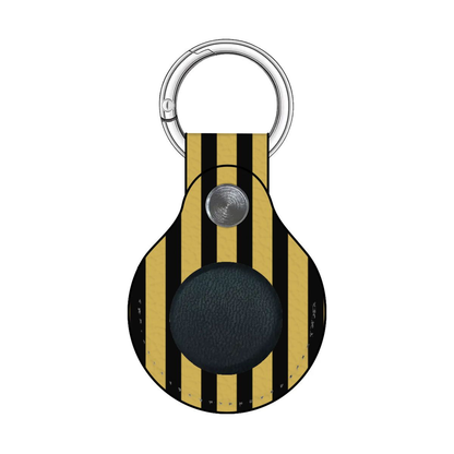 Keychain with black and yellow striped design on a white background