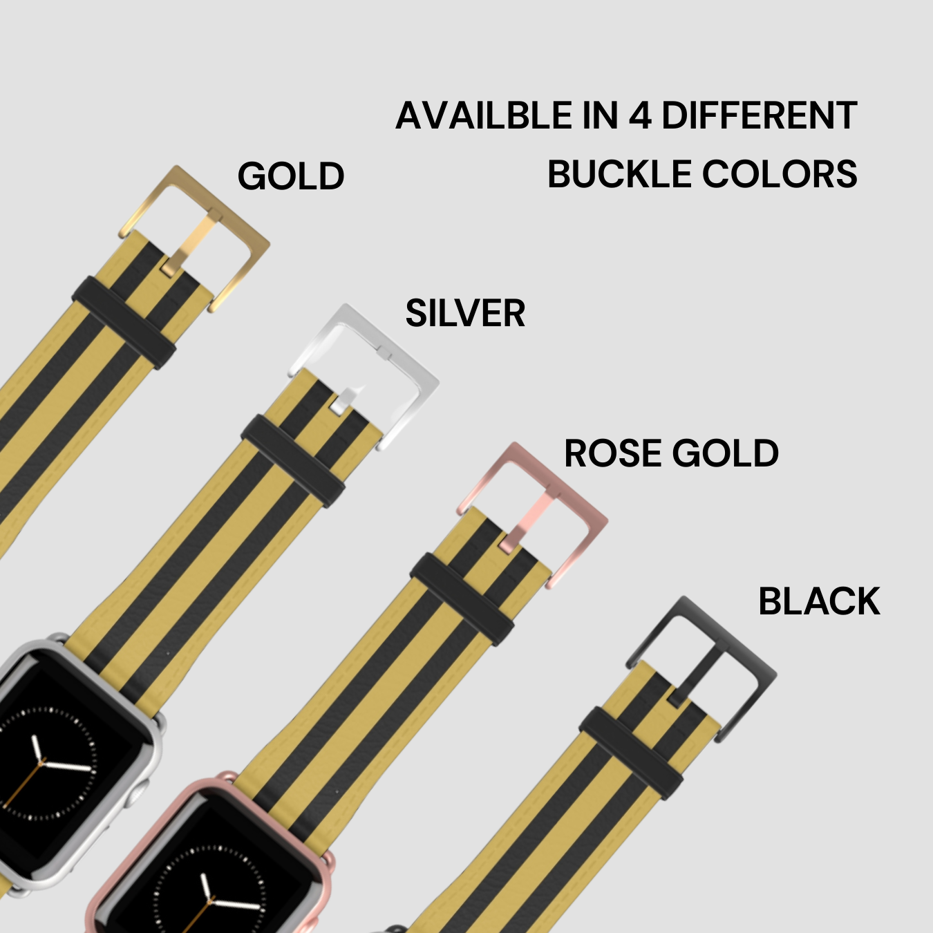 Yellow and black striped watch bands with buckles in gold, silver, rose gold, and black on a light gray background.