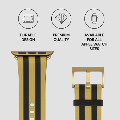 Gold and black striped watch band with durability, quality, and compatibility features on a light gray background
