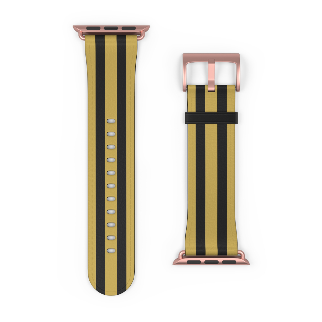 Yellow and black striped watch band with rose gold clasp on a white background