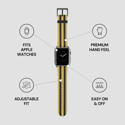 Smartwatch with a yellow and black strap on a gray background with feature icons.